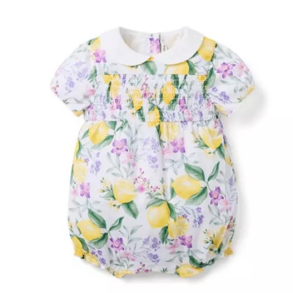 Janie and Jack  Smocked Baby Romper-Lemon Floral Print